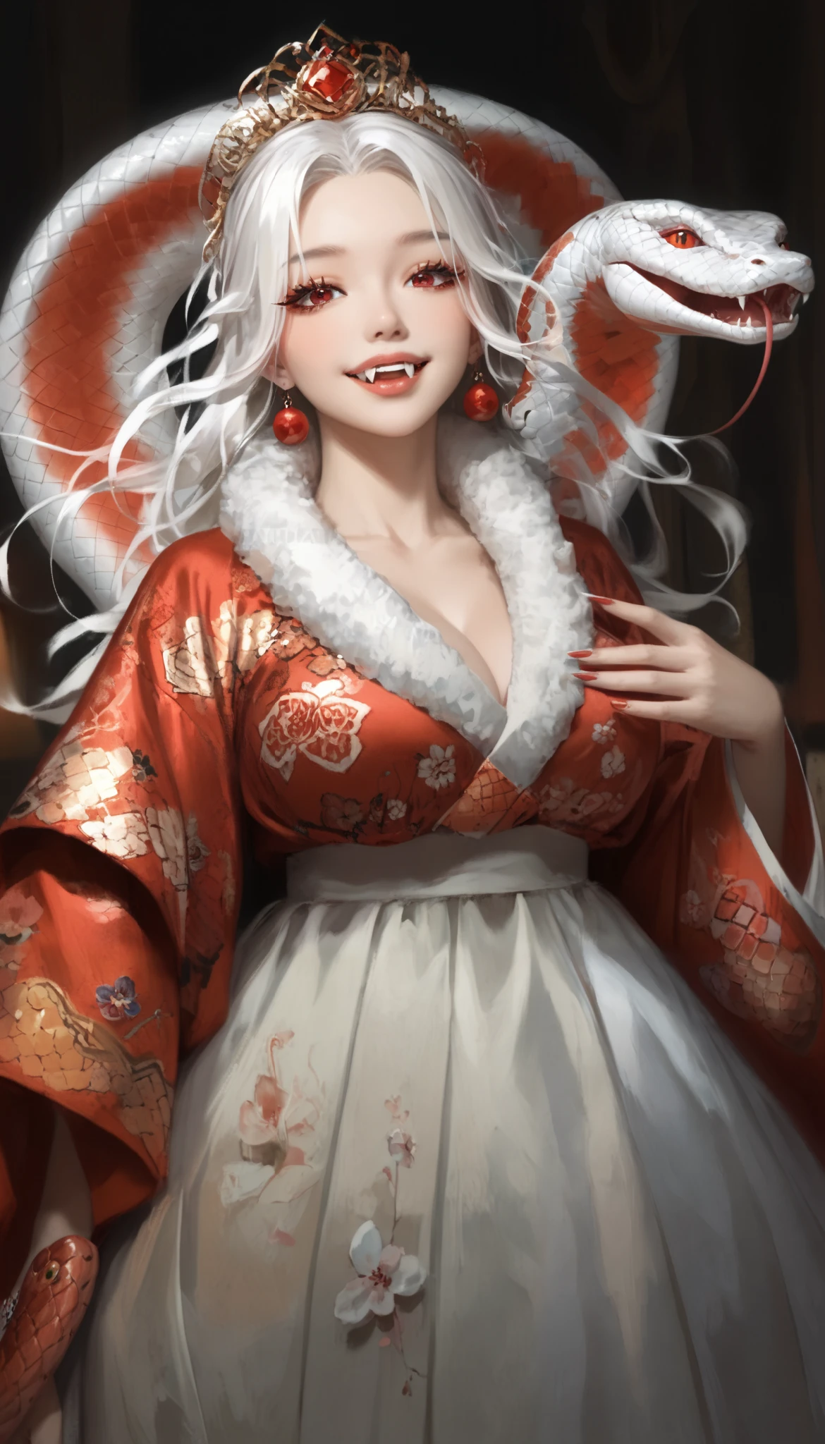 (masterpiece,   best quality  :1.2),  1 woman,   alone, Snake monster,   Korean girl with red hair, Hanbok,  White hair, Joseon dynasty houses, (  huge boobs   :1.4),  Red eyes , lamplight ,   long haired  , 검은색 Hanbok, Snake eyes,  fangs