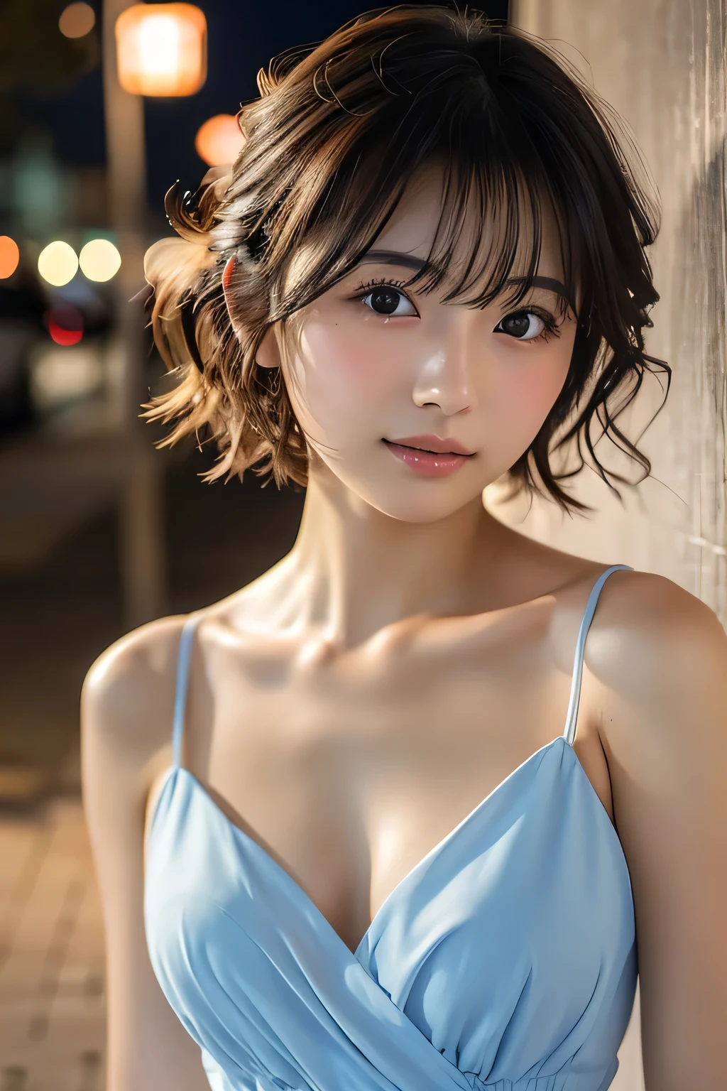 Arafed asian woman in a blue dress posing for a picture - SeaArt AI