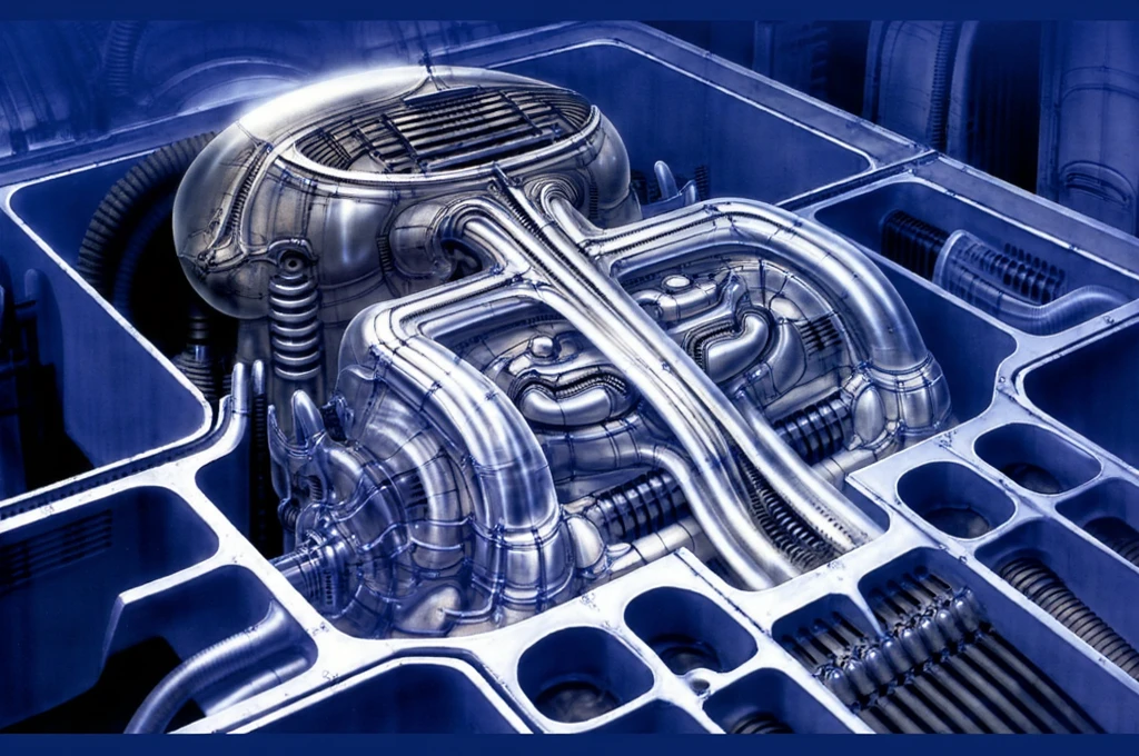 Overall Impression: The image presents a cutaway view of a complex, internal combustion-like system, possibly a heavily modified engine block or transmission housing, but of organic, almost biomechanical design. The overall impression is one of intricate, tightly packed components within a confined space, reminiscent of a densely packed engine bay.

Key Components and Their Positions:

Top Left - /"Air Intake//Valve Cover Assembly/": A large, rounded, almost spherical form dominates the top left. This resembles a heavily stylized air intake or possibly a valve cover assembly. It features ribbing akin to cooling fins on an air-cooled engine and has several smaller tubes/pipes feeding into it, like fuel lines or vacuum hoses. Positioned high on the canvas, it acts as a visual anchor.

Central Vertical /"Exhaust Manifold//Catalytic Converter/": A thick, S-shaped tube runs vertically through the center. This resembles an exhaust manifold or perhaps a heavily modified catalytic converter. It has a smooth, metallic sheen and appears to be the main conduit for the system. Smaller tubes and structures branch off it at various points.

Mid-Left - /"Crankcase//Oil Pan Area/": Below the "air intake," a cluster of smaller, more intricate structures suggests the area of a crankcase or oil pan. These elements have a more textured, almost bone-like appearance, possibly representing internal engine components like crankshafts, connecting rods, or pistons.

Right Side - /"Cooling System//Radiator Core/": The right side features a dense network of thin, vertical lines and ribbed structures, resembling a radiator core or a complex cooling system. This area also contains smaller tubes and connectors, suggesting coolant lines and other associated components.

Interconnecting /"Hoses//Piping/": A complex network of tubes and pipes of varying diameters connects all the major components. These act like fuel lines, coolant hoses, vacuum lines, and other essential conduits in a traditional 