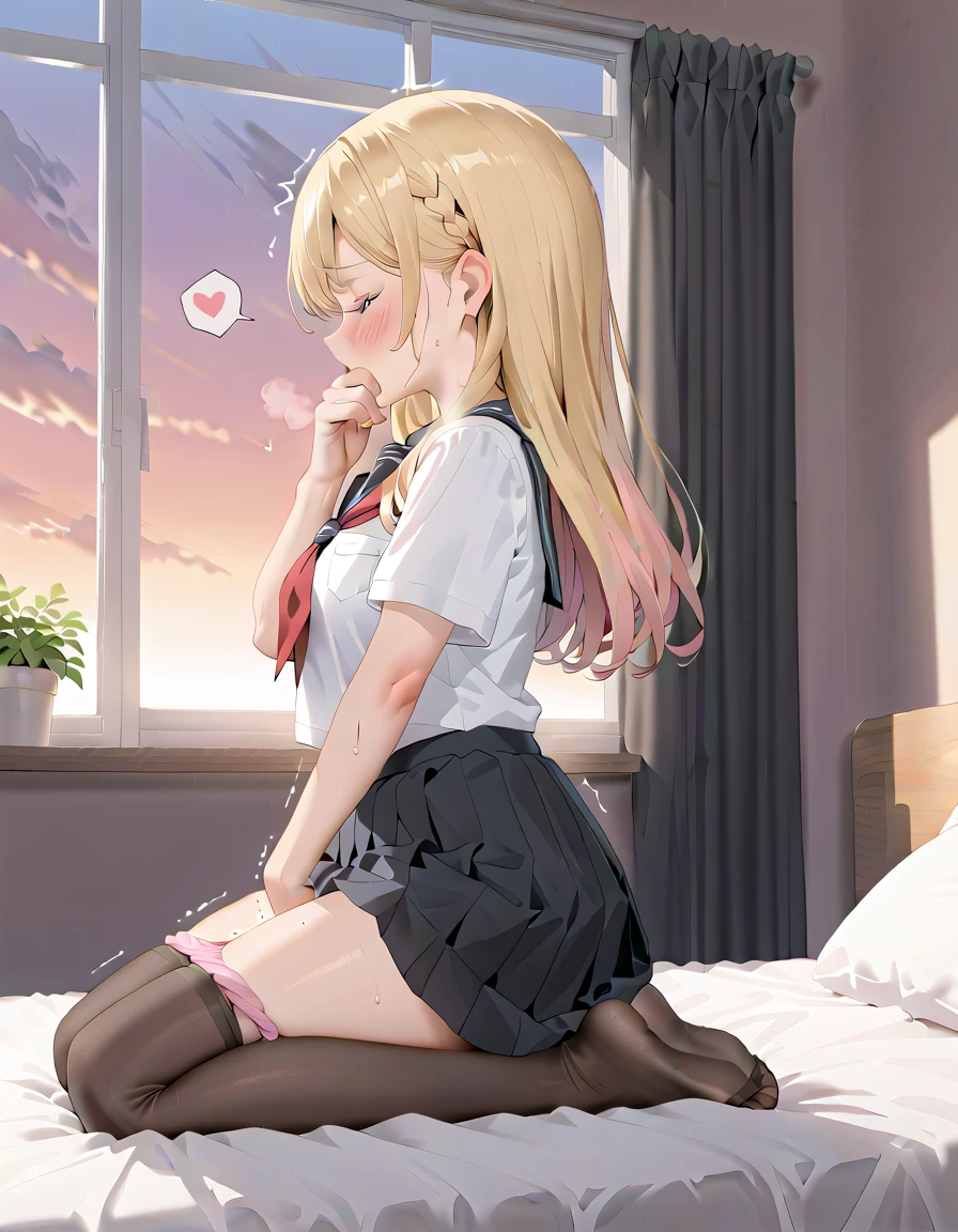 (masterpiece,beautiful,hughres,CG,8k,16k,best quality,high-resolution,detailed fingers,detailed hands,detailed legs,detailed eyes:1.5),anime,source anime,illustration,face focus,(from side:1.6),(2girls:1.5),(evening,indoor,one&#39;s home,bedroom:1.5),(sunset:1.5),shadow,(on the bed:1.4),(head down:1.2),(girl on the left(blonde hair):1.5),(girl on the right(pink hair):1.3),( thighs:1.4),(school uniform,white shirt,pleated skirt,black skirt,black thighhighs:1.3),small breasts,(panties pull,panty pull:1.3),(sitting),(My legs,knees to chest,folded,knees together feet apart:1.4),leg up,(profile:1.2),(back-to-back:1.5),hand over own mouth, covering own mouth,(female masturbation:1.4),( fingering:1.2),(female orgasm, female :1.4),(pussy juice:1.2),(trembling:1.4),(gasping,heavy breathing,blush:1.5),(impatience1.1),flustered,(fidgeting around:1.4),(steam:1.2),(sweat skin,sweat:1.4),(streaming tears:1.3),(drooling:1.1),(looking away:0.5),(looking down:1.4),(spoken heart:1.3),(closed eyes:1.6),open mouth