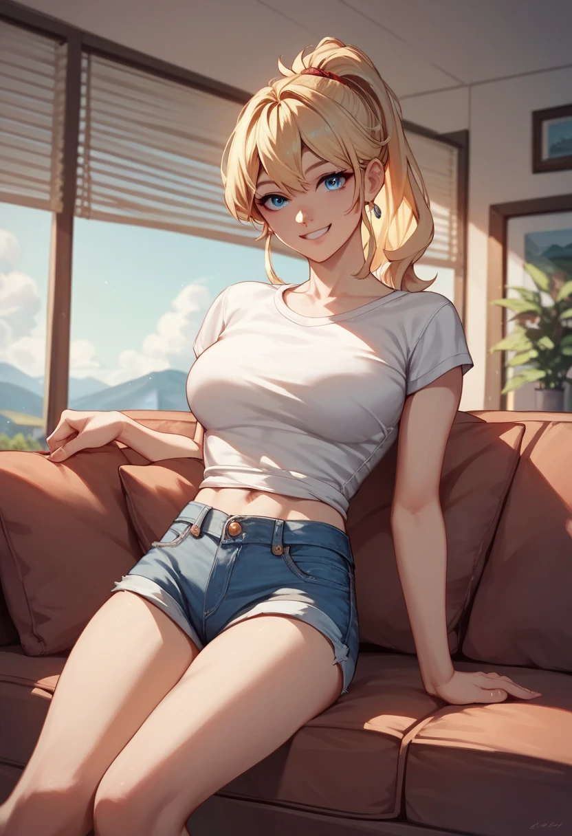 (masterpiece, best quality:1.2), solo, a cute lady, blonde hair, pixie cut, blue eyes, smile, white T shirt and long denim pants, sitting on the table, Generated in SFW, ARW