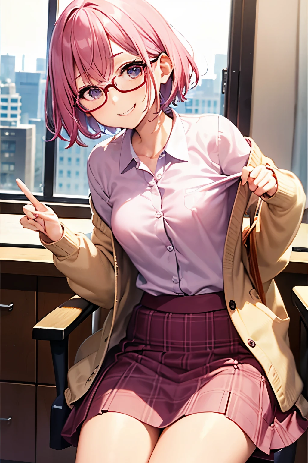 masterpiece, high quality, highres, Mash kyrielight, indoors, cowboy shot, black skirt, shirt, off shoulder, off-shoulder sweater, (light blue sweater:1.2), (:3:1.2), sleeveless shirt, high neck sleeveless shirt, black shirt, sweater, sweater sleeves past wrists, sitting, hoop earrings