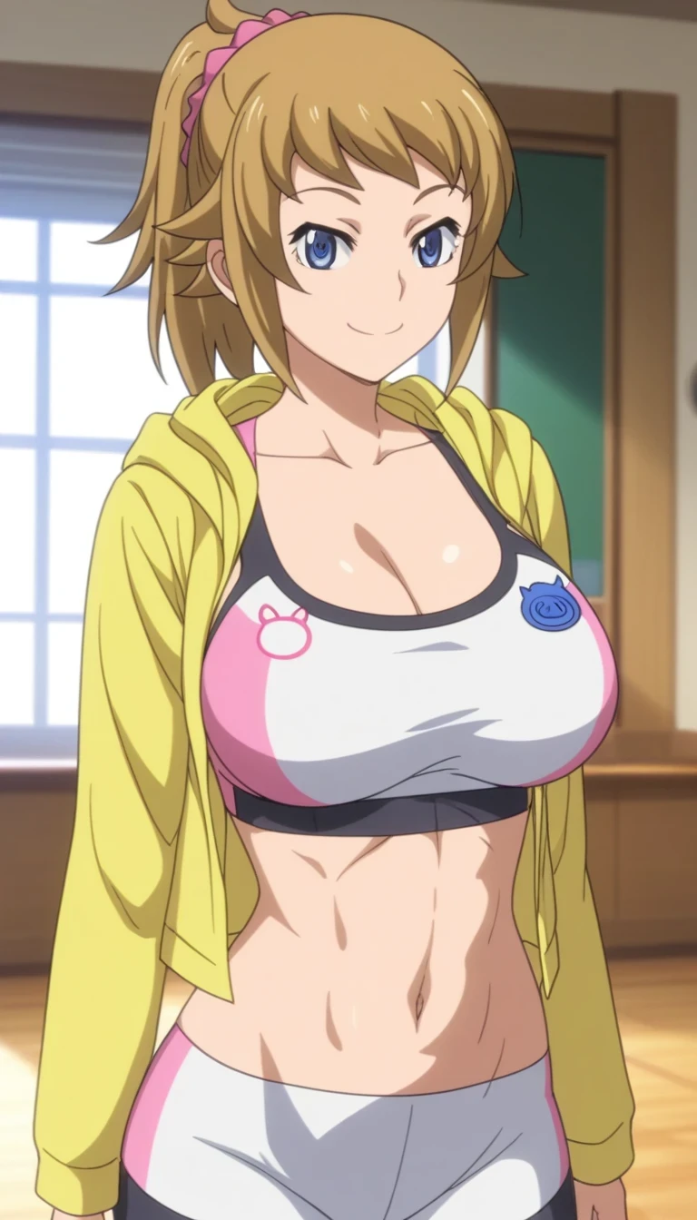 score 9 、score 8 up、score 7 up、anime style、masterpiece、 best quality 、 high definition、 very detailed、The rating is questionable、 detailed background、Shiny Skin、fumina hoshino、Hoshino Fumina、 brown hair、ponytail hair、 blue eyes、scrunchie 、navel、midriff、abs、stomach、biceps、triceps、stomach、collarbone、 yellow jacket 、bike shorts、 Tight Body 、sports bra、 yellow hoodie、 Long Sleeve 、jacket sleeves with an long sleeves、white sports bra、hoodie sleeves with an long sleeves、white bike shorts、pink sports bra、pink bike shorts、1woman、 Lingerie Model 、Alone、sexy pose、Big Breasts、cleavage、 very big breasts in a huge pool、whole body、thin、smile、in the classroom、