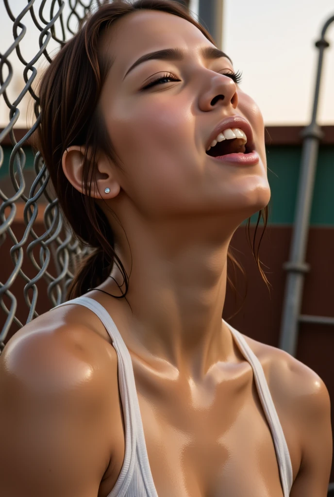  A gorgeous woman is seen leaning against a chain-link fence ,  soaks in warm water made of sheer , Golden Light.  彼女の表情teeth強烈で集中力があります ,   sharp shadows are cast all over her face from the fence  ,  teeth、It highlights her features .  tank top for women.  背景にteethぼやけた産業構造 ,   creates an urban and gritty atmosphere  . 全体のトーンteethムーディーで , 、 contrasting light and shadows  ,  evokes simplicity and contemplation in a harsh environment . 全体的な雰囲気teeth、 like a movie with a dreamy vibe , 35mm Film, ((  close eyes、 Mouth wide open ,Frowning, pain, scream, frown,)) retina, More Details  ,  high detail ,  high definition ,  Angelina Jolie  ,((  Sexy Women )) Beautiful skin , (( head back break screaming orgasm )) Nogizaka46 girl  ,  burning from under her face composition  ,(  surreal details 、  glowing skin )((  Super Realistic Photos  ))( realistic skin)A woman who has an ultra-hard orgasm and makes a strange voice like a wild beast, Woman with snot flowing out of her nostrils,