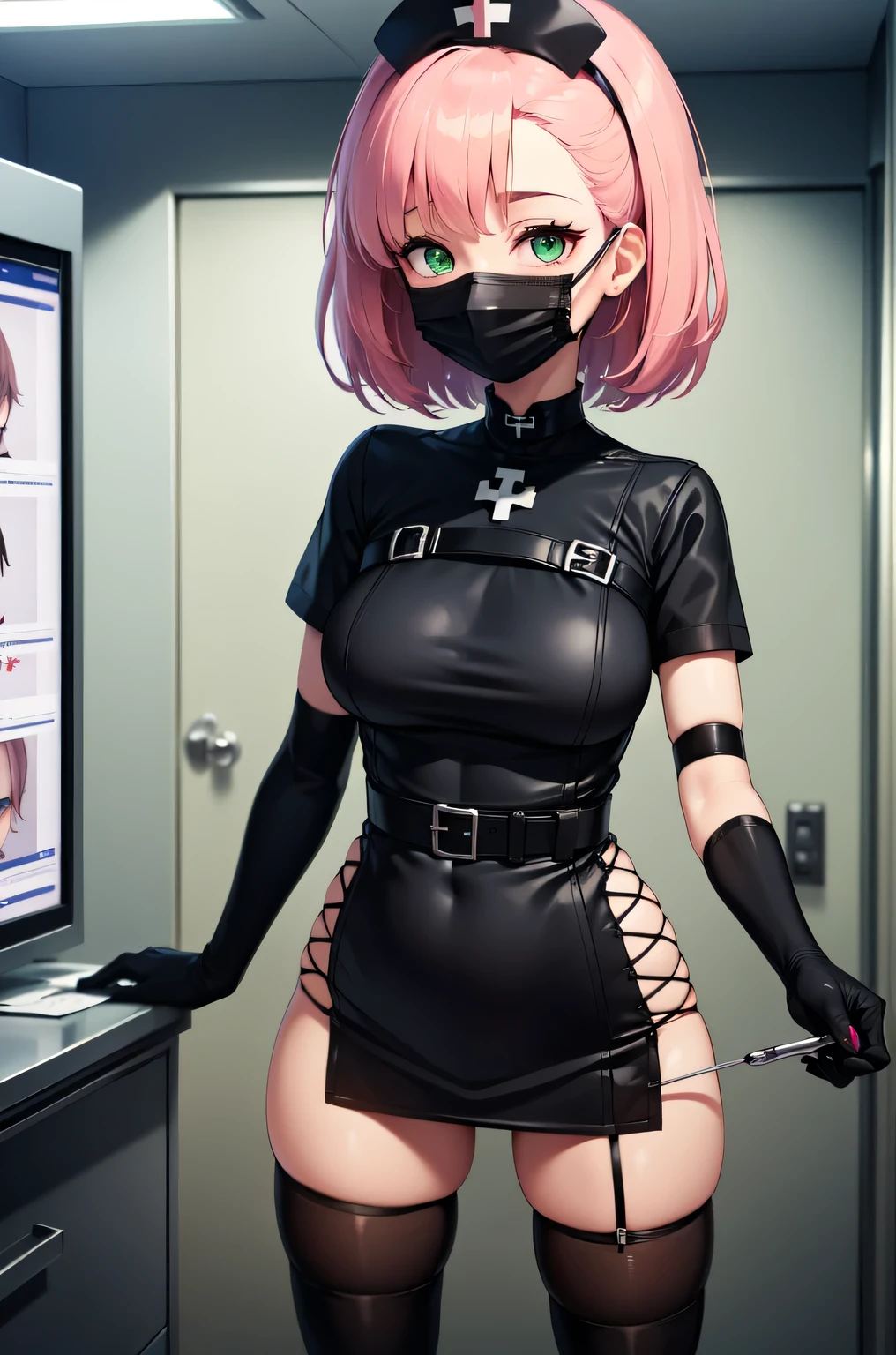 black nurse, 1girl, solo, black nurse cap, black nurse uniform, ((black legwear, zettai ryouiki)), black elbow gloves, pink hair, green eyes, drooping eyes, ((black surgical mask, covered nose)), standing, ((surgery room)), sharp outline, short sleeves, best quality, masterpiece