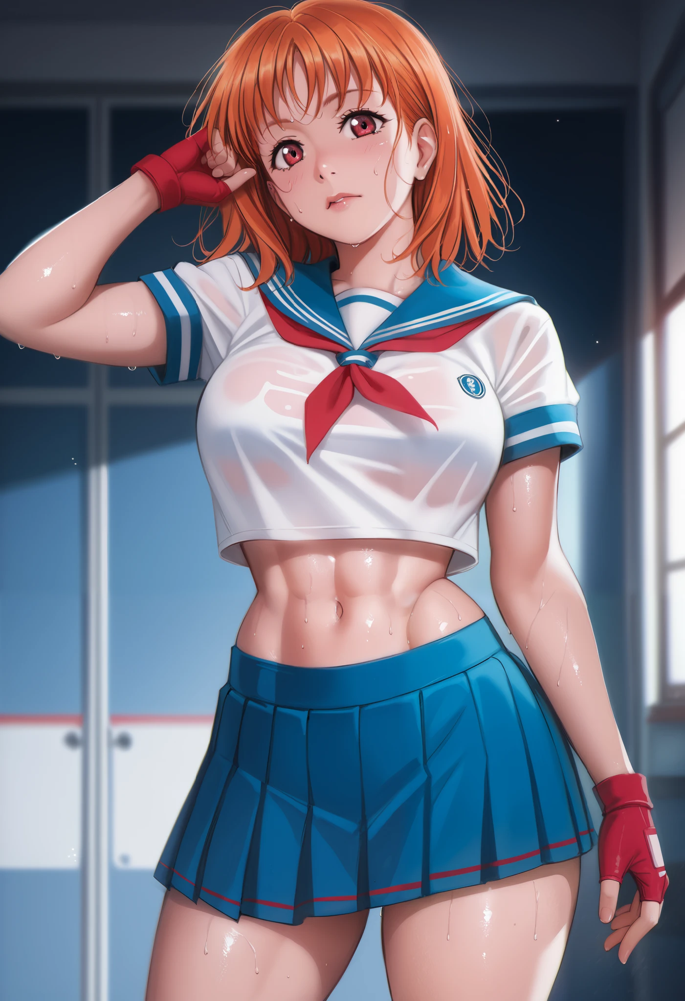 1girl, takami chika, medium hair, orange hair, red eyes,standing, sporty athletic build, confident pose, big breasts, breasts outlines, score_9, score_8_up, score_7_up, score_6_up,blue skirt, crop top, midriff, miniskirt, navel, sailor collar, school uniform, short sleeves, skirt, stomach, shirt, white shirt, red fingerless gloves,sweating, detailed body, shiny skin , p4l0m4, web comic,toned thighs