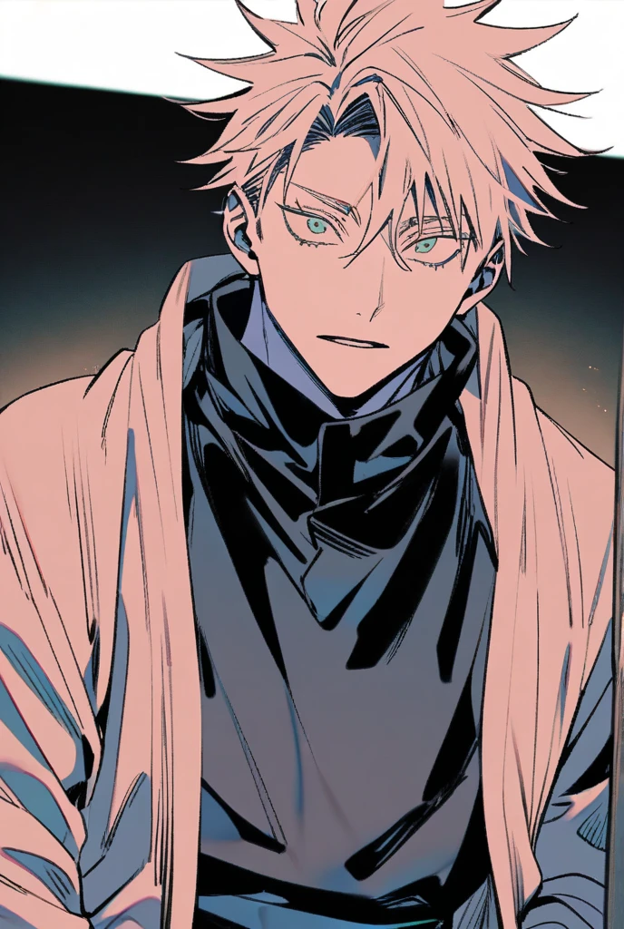 one japanese guy, black parka, blonde with black streak hair, high res, ultrasharp, jujutsu kaisen style, jujutsu kaisen background
