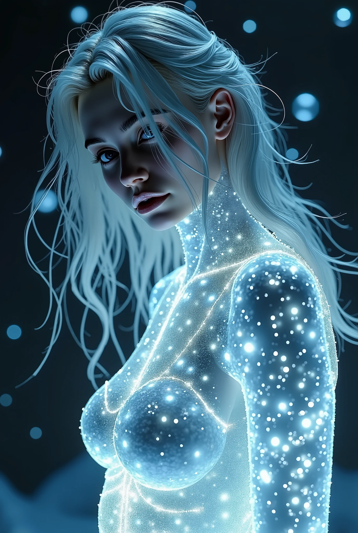 highdefinition images、Pro Work 、Artistic、's greatest masterpiece、( Illuminated by Strong Light , ( surreal atmosphere , Fantastic、 digital art) , dramatic lighting , Detailed texture、 upper body、( A Pale Ice World ))、(pitch-dark background below freezing、 Shining Like Ice 、 Clear Skin,、 silver hair, Pure white skin、Ice Girl)