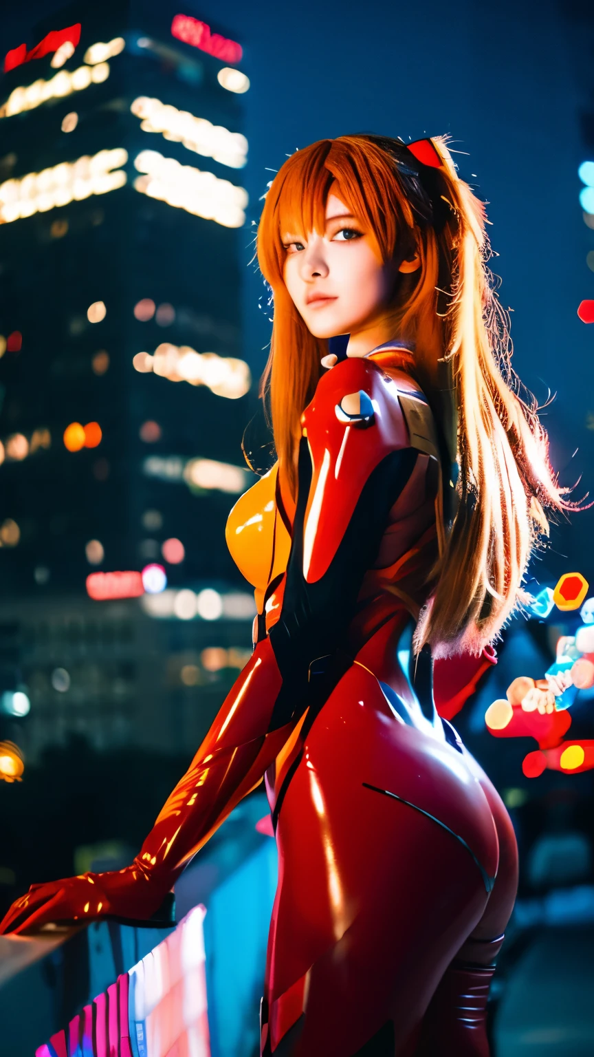 (best quality, masterpiece, colorful, dynamic angle, cute face, (Asuka Langley), upperbody shot, fashion photography, intense long hair, (Asuka Langley), Evangelion red suit, dynamic pose, bokeh, perfect night, abstract background, official art
