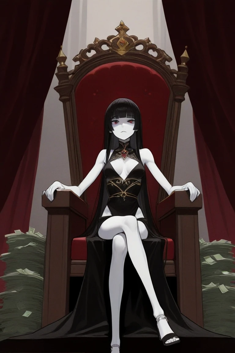 female skeleton, wearing a female butler stick, with her hand on the stick in a bowing pose, in a large room with dark and gray decorations