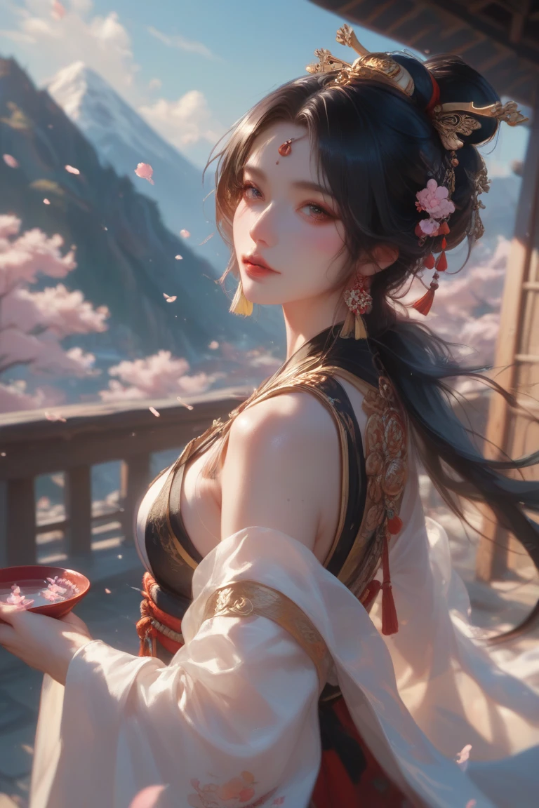 (8k, RAW photo:1.2),best quality, ultra high res,dramatic angle,(fluttered detailed color splashs), (illustration),(((1 girl))),(long hair),(rain:0.9),(hair ornament:1.4),there is an ancient palace beside the girl,chinese clothes,(focus on), color Ink wash painting,(color splashing),colorful splashing,(((colorful))),(sketch:0.8), Masterpiece,best quality, beautifully painted,highly detailed,(denoising:0.6),[splash ink],((ink refraction)), (beautiful detailed sky),moon,highly,detaild,(masterpiece, best quality, extremely detailed CG unity 8k wallpaper,masterpiece, best quality, ultra-detailed),(Lycoris radiata), (gigantic breasts:1.1)