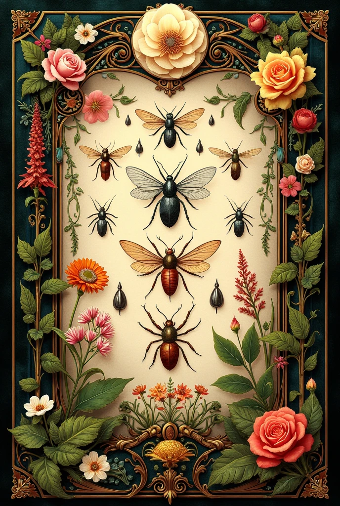 a medieval illuminated manuscript, ornate floral and plant motifs, insects, detailed oil painting, art nouveau style, art deco style, (best quality,4k,8k,highres,masterpiece:1.2),ultra-detailed,(realistic,photorealistic,photo-realistic:1.37),vibrant colors, dramatic lighting, intricate patterns, luxurious textures, golden accents, elegant composition, no flowers. Pas de fleurs, sans fleurs 