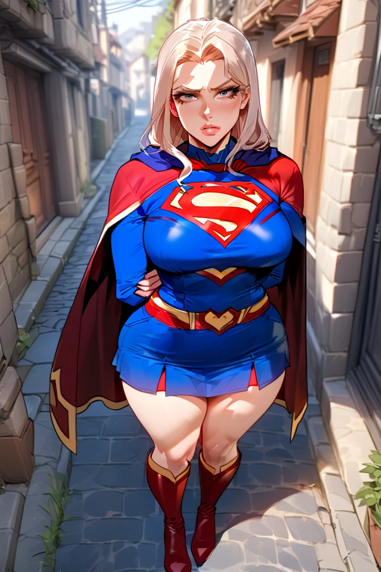    (   Top Quality   ), (   Top Quality   ), (Overall view), Backstreets,Supergirl with a sexy body,  Big Breasted  ,    beauty,             plump lips  ,      halter neck tops    ,       short skirt  , Cape,      boots, low top      ,     gloves, ,Beautiful and attractive young man restrained by a rope .