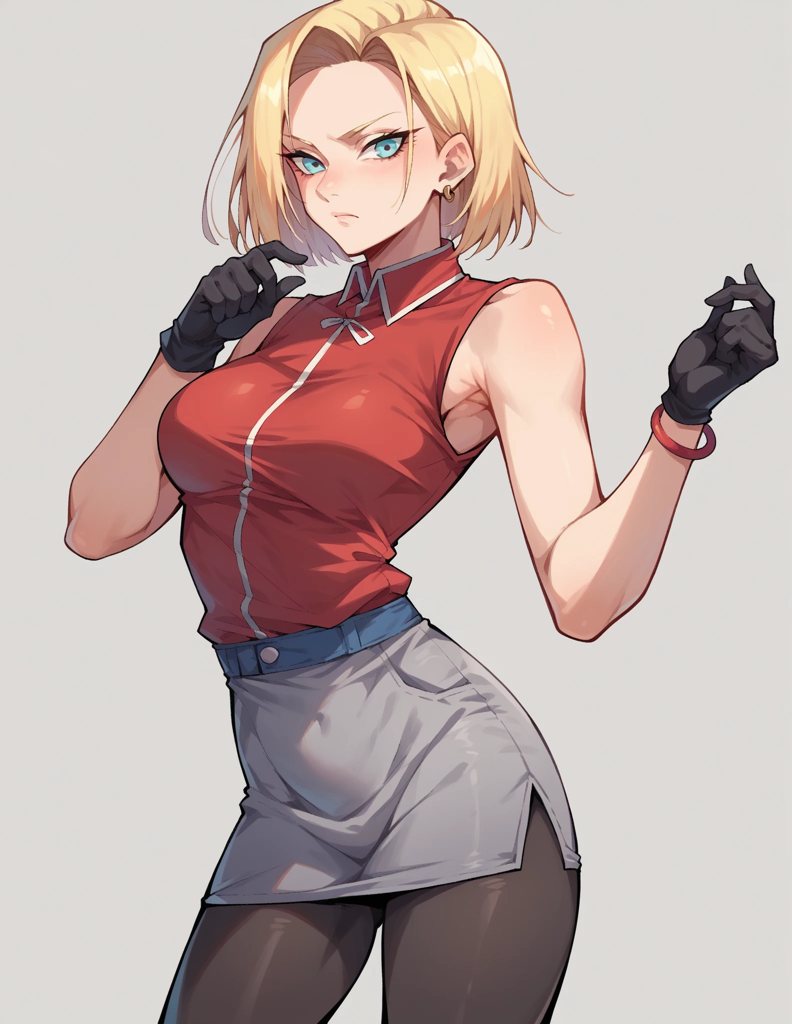 Score_9, score_8_up, score_7_up,score_6_up, score_5_up, score_4_up , 1girl, solo, ((Split hair)), ((brown hair)), ((blue hair)). heterochromia, brown eyes and red eyes, PonyShiranui, japanese clothes, revealing clothes, cleavage, high ponytail, bmarydg,, blonde hair, short hair, blue eyes,, sleeveless turtleneck, sleeveless, baggy pants,  loose belt, crop top, blue_Pants, fingerless gloves, happy, cowboy shot, simple background