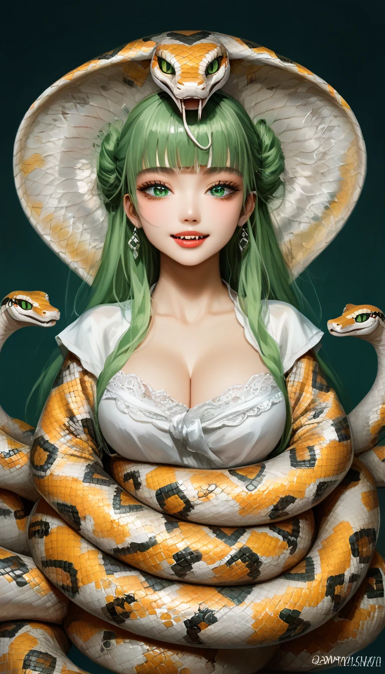 (masterpiece,   best quality  :1.2),  1 woman,   alone, Snake monster,   Korean , Hanbok,   green head, Joseon dynasty houses, (  huge boobs   :1.4),   green eyes, lamplight ,   long haired  , 초록색 Hanbok, Snake eyes,  fangs,  white skin , snakeskin skin, snake print