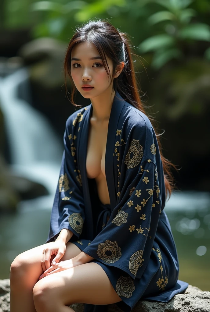 realistic photo, beautiful Asian woman wearing a kimono, white arms with wristbands, ((and tattoo under her neck)),(( holding a katana)),katana, wearing a necklace, sitting, wearing a white shirt, breasts1.3, looking at the rice fields from above, rice fields, ((green rice fields) ),holding a katana, detailed katana,(( katana)),full body, using an 85mm lens, aspect ratio 2:1, video quality 5.2, and shutter speed 80