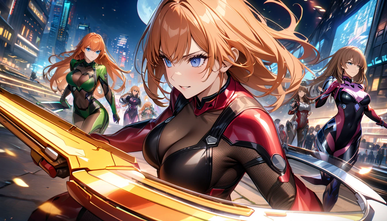  Adult Girls 、 long orange hair、 blue eyes、 cyborg、very tight transparent combat uniform、 cyberblade in hand 、transparent elements 、masterpiece、 best quality 、Full HD、8k、 more details、 amazing graphics、Kokawa Asuka、 vs. Demon Shinobu suit、 bodystocking、 Future City、night、moon、