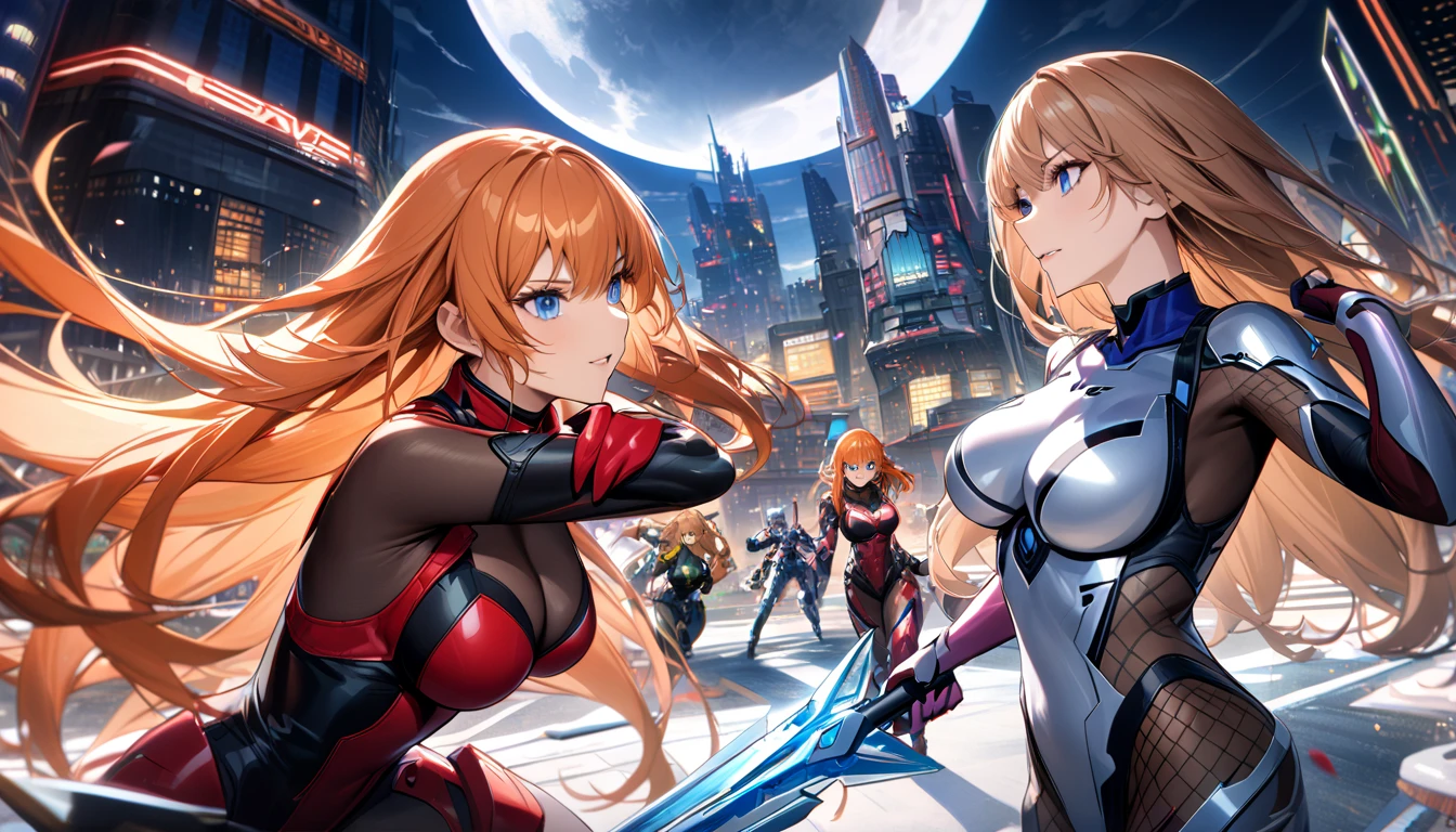  Adult Girls 、 long orange hair、 blue eyes、 cyborg、very tight transparent combat uniform、 cyberblade in hand 、transparent elements 、masterpiece、 best quality 、Full HD、8k、 more details、 amazing graphics、Kokawa Asuka、 vs. Demon Shinobu suit、 bodystocking、 Future City、night、moon、