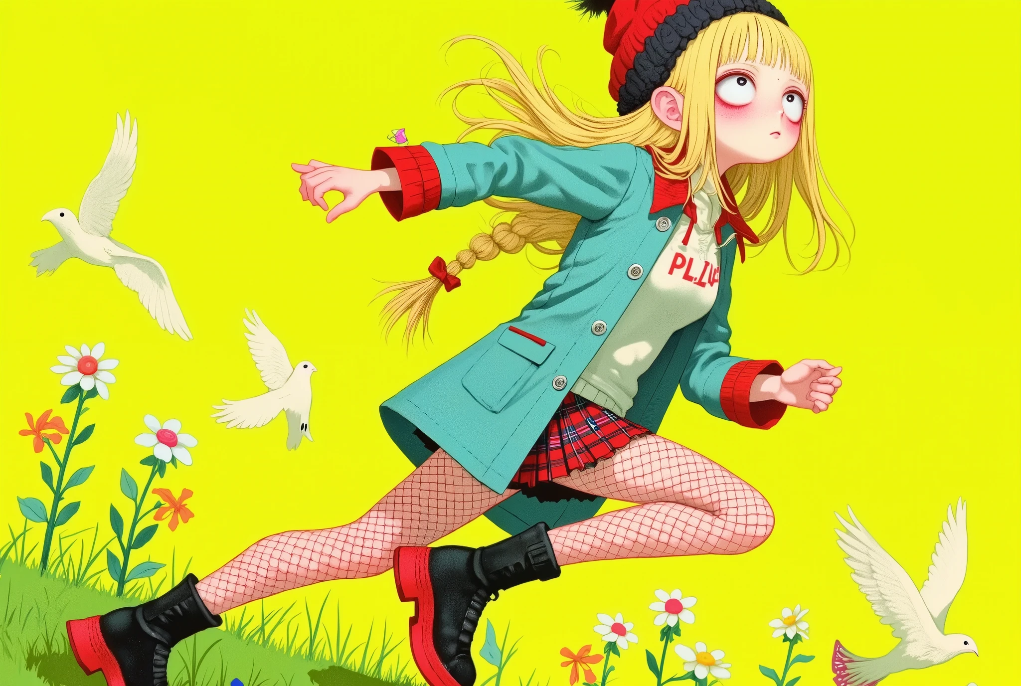    ,     ,   Beautiful full body girl  , Endless runner  , ((Manga style:1.5)), Linear   ,   she is half profile   ,   red and black plaid miniskirt   ,   three-quarter fishnet stockings   , long black boots,   white sweatshirt with red letters   ,   Flapping in the wind   , red wool hat   ,   red and black jacket that falls on your shoulders ,   field background at dusk    , flores , Going down a hill,   an anime drawing by Masamune Shirow   ,   dynamic and sensual pose   , trend on pixiv, Furry art, Danganronpa digital art,   Anime style ,   Anime style ”, Blonde anime girl with long hair ,  Arte de  Anime style de alta calidad  ,   ranked among the best in pixiv   ,   Beautiful high school anime girl   , obra de arte de   Anime style ,   anime illustration trend  