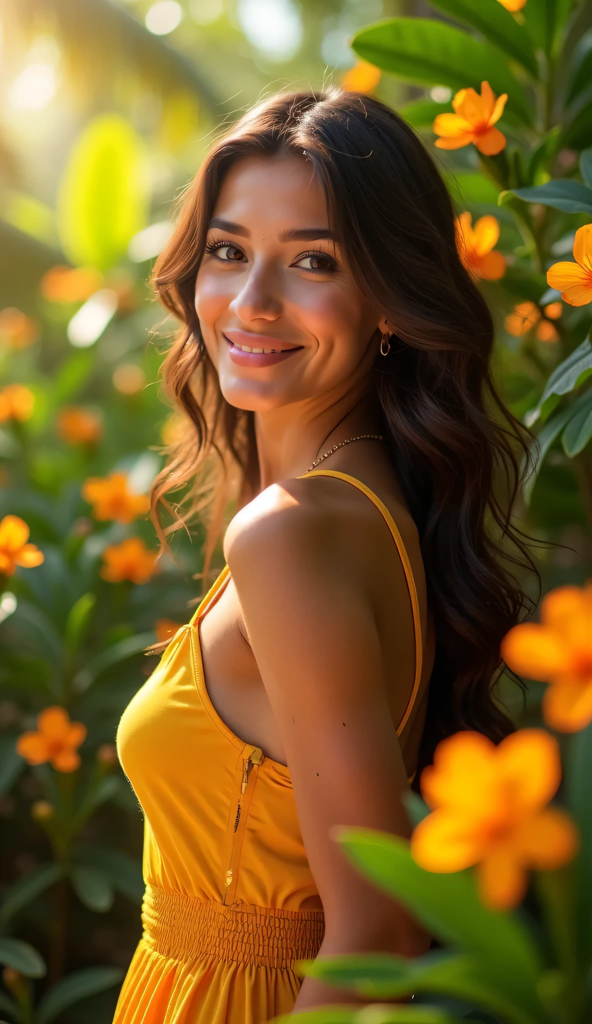 A white Brazilian woman in a lush tropical garden, new, showing off your natural charm and outgoing personality