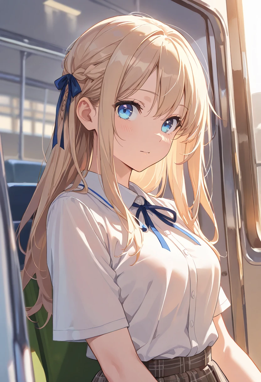 masterpiece, top quality,  high detail, beautiful woman's long hair  , anatomically correct,  blue eyes,  ribbon hair accessory,  is anatomically correct, Commuting