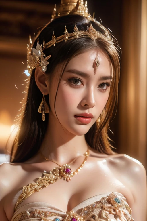 A lustful beautiful saint is fucking, showing off her topless breasts, her beautiful face is flawless, ((Natural smile:1.0)), ((flat bangs:1.2)), (((long hair)) : platinum:0.8 ))) big crown, hair brooch, hanfu skirt, fanciful hanfu style, full body jewelry, forehead tattoo, super flat chest, woman face, face makeup fine delicate, beautiful face, (((including porcelain teeth: 0.8), most beautiful and detailed light red lipstick, huge breasts, super round and balanced, (((Full and thin lips: 0.3) )), ((Yellow eye color: 1,2), Detailed and delicate lighting effects, light and dark, light impression, magical light, detailed light, true color, super sharp, realistic, quality 8k volume, fanciful cosmic background, saintess and fanciful space, the most detailed image, ((Solo:0.3)), ((holy goddess:0.6)), (( look at). straight to the body top of saintess:0.4)), upper body, ((smooth skin:0.5)), ((solo:1.3)), ((( alone girl : 1.3)), saint portrait, short photo, Full body portrait, (((open mouth:0.6))), Digital reality, ((fanky red smoke effect:1.2)),