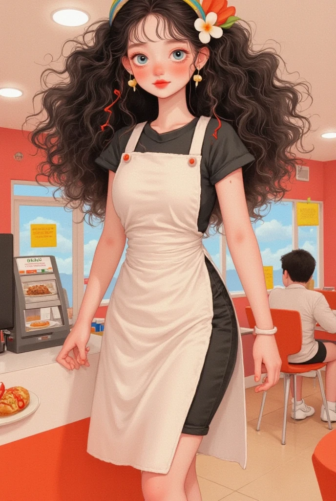   detailed burger shop  、 Young female employee  、  beautiful and detailed eyes  、  beautiful and detailed lips  、 etentremely detailed eyes {ten} etentremely detailed eyes and face、Long eyelashes、Waitress、Clean apron  、Friendly etenpression 、  fast food restaurant interior  、counter、cash register、Stool  、table、chair、  bright light  、  food display case  、Menu Board、  warm atmosphere  、 comfortable and attractive 、(  high quality 、8K、   x} one个强大而恶毒的巨人  、  masterpiece:1.2)、    super detailed  、(、  ultra-realistic 、  ultra-realistic :1.37)、  intricate details  、  bright colors  、3D Rendering、  conceptual art  、one_painting、 Illustration style 
