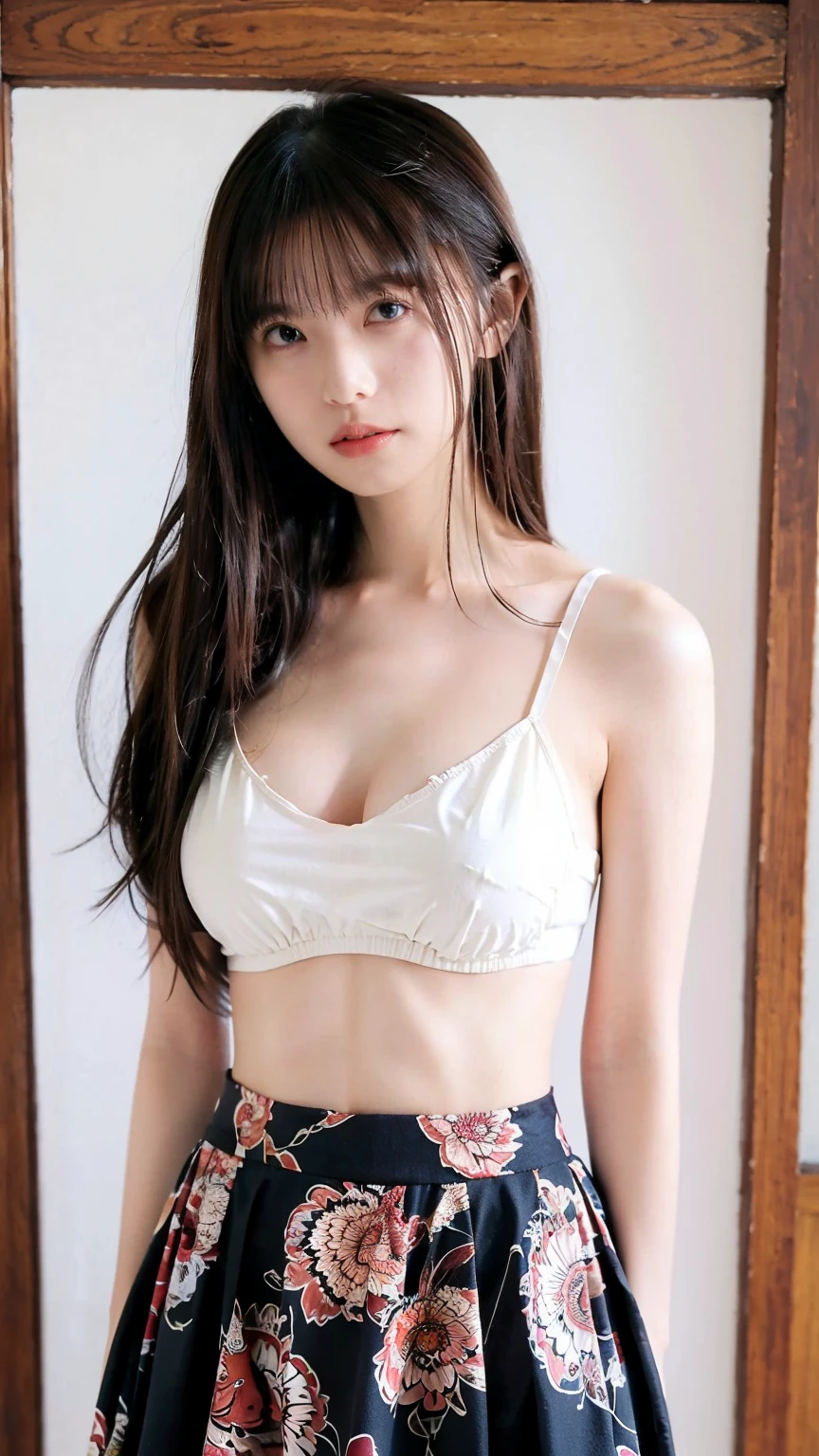 Full face portrait photo of a -yeld jaese girl, petite body, (((small breasts))), (bare breasts) Lolita, skinny body, slender body, supermodel body, midriff, ((naval)), cleavage, RAW, beautiful woman, semi-open strawberry lips, dimples, wistful look, (long black hair with bangs), ((detailed face)), ((detailed facial features)), (finely detailed skin), pale skin, cyberpunk megacity environment, (cool colors), damp, damp, reflections, (masterpiece) (perfect proportion)(realistic photo)(best quality) (detailed) shot on a Canon EOS R5, 50mm lens, F/2.8, HDR, (8k) (wallpaper) (cinematic lighting) (dramatic lighting) (sharp focus) (intricate), RAW photo, RAW photo, gigachad photo, posing for camera, (sheer panties), (cropped long-sleeve cardigan), (top open), off the shoulder, nsfw, ((nudity)), back arms, 8k uhd, dslr, high quality, grain film, Fujifilm XT3