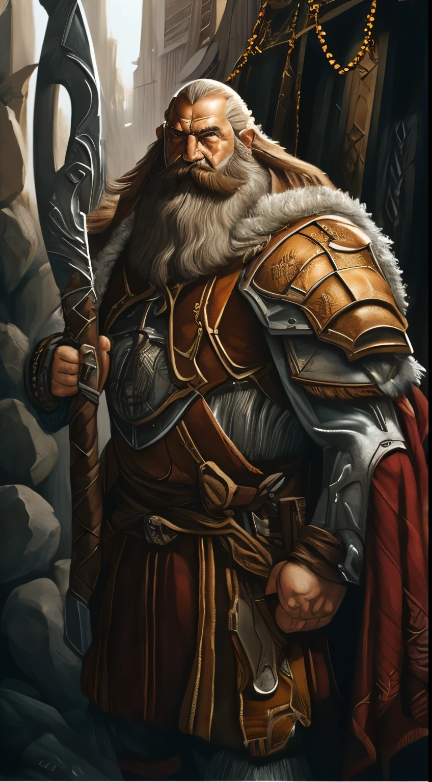 Portrait of an adult dnd dwarf king,  braided hair, large beard, muscular,  wide face, large nose, art by artgerm and greg rutkowski and alphonse mucha.