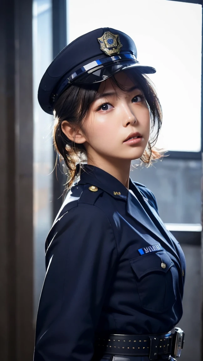 One girl,(RAW Photos, highest quality), (Realistic, photo-Realistic:1.4), masterpiece, Very delicate and beautiful, Very detailed, 2k wallpaper, wonderful, In detail, Very detailed CG unity 8k wallpaper, Super detailed, High resolution, Soft Light, Beautiful detailed girl, Very detailed eyes and face, Beautifully detailed nose, Beautiful fine details,Cinema Lighting,On a train platform in Tokyo,Train Tracks,City lights at night,Perfect Anatomy,Slender body,Smiling woman in uniform,Blue Shirt,Have,Jacket,pants