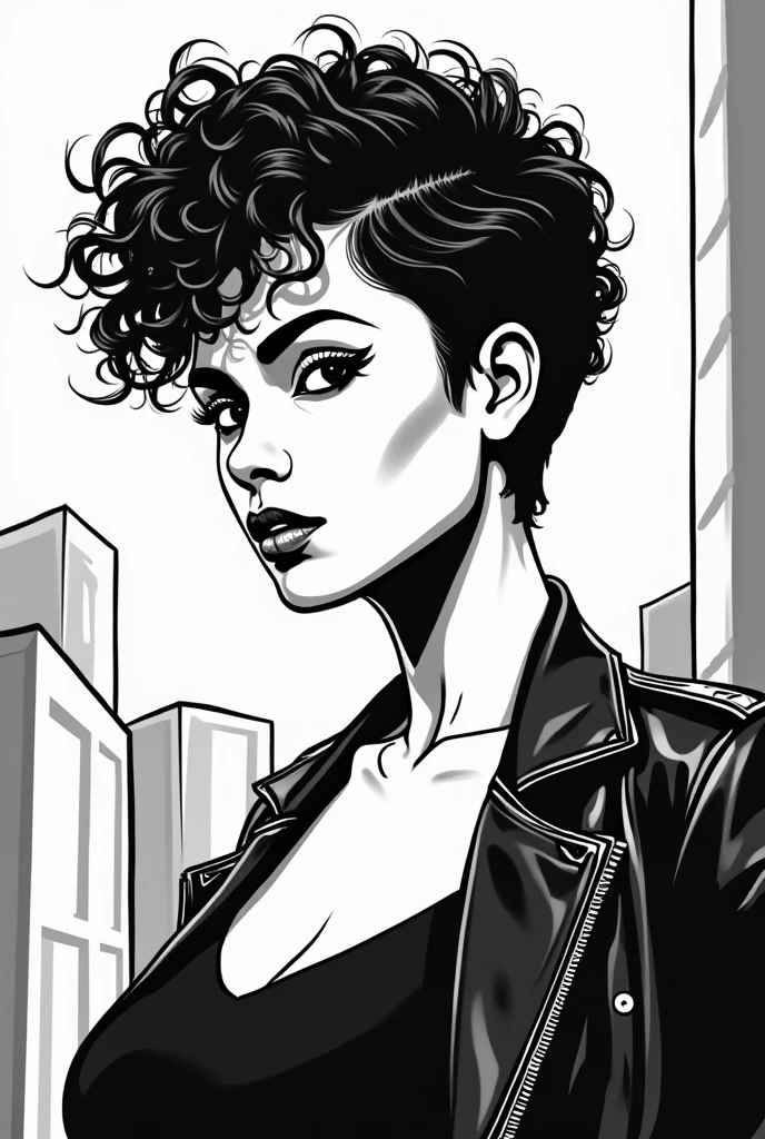 A black and white pop art drawing of a woman with urban style and short curly hair