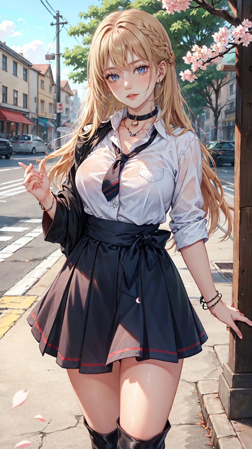 masterpiece, best quality, highres, hs1, light purple eyes, huge butt, wide hips, thick thighs upskirt, long sleeves, cleavage, long blonde hair, pink cardigan, black thighhighs, plaid skirt, red ribbon, garter straps, , outdoors, cowboy shot, standing, smile, panty peek, floral print pink panties, looking at viewer, thick thighs, jirai kei, ear piercings, street view, sakura