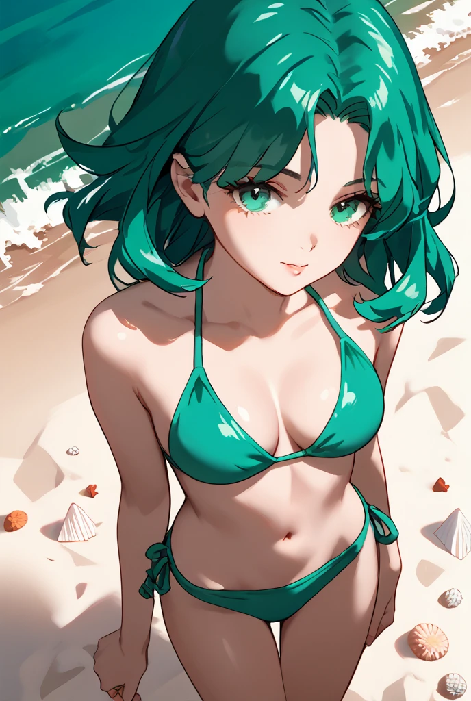 (masterpiece, best quality:1.2), cowboy shot, solo, 1girl, tatsumaki, unamused, closed mouth, looking at viewer, hand on hip, swimsuit, bikini, beach, small breasts