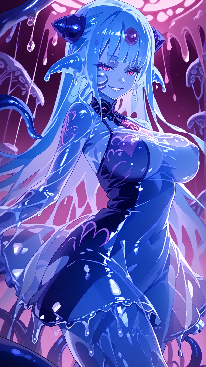   (Masterpiece、 masterpiece、 High Quality  、  high definition), (micro see-through dress:1.3)、 ( Pink Room ) 、huge breast、　(chest arm lift 、 open legs and lift 1 .5)、((   girl with jellyfish tentacles ,  tentacles reaching viewers  :1.3,   Shiny Skin,  oily skin)),  monster girl jelly  , see-through body, Transparent Hair、 enchanting smile、 sexual smiles、


(sss, translucent, subsurface scatteringslime girl, monster girl, slime_girlblue skin, translucent skin, colored 、 skinTransparent bodySolid 、 bodyLuminous, Glowing bodyDrippy、Slimeslime  、puddleSee-through 、clothesSlime core)