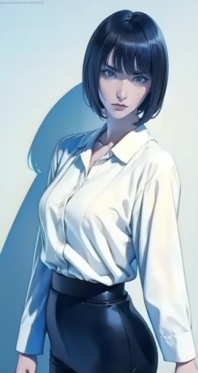 ((highest quality, 8K, masterpiece: 1.3, RAW photo)), sharp focus: 1.2, (alone), (1 Aespa Girl: 1.2), (realistic, realistic: 1.37), (face focus: 1.1), cute face, small breasts, flat chest, messy short hair, (business shirt: 1.1), Beautiful woman standing in the city under the light of a lamp, cinematic lighting, thigh, Chiffon panties,(((white background)))