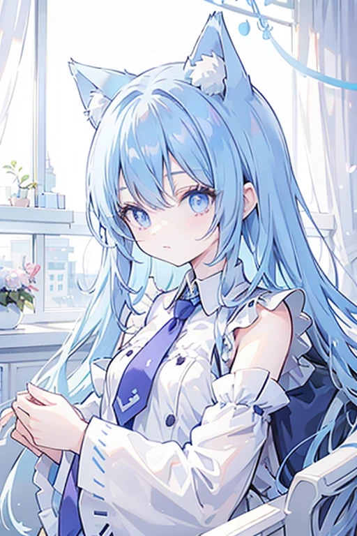  light blue hair、 long hair、Cat ears、Light blue and purple odd-colored eyes