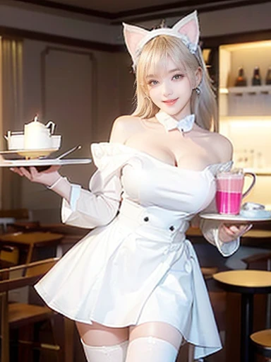 1girl, (Blue Eyes), (smiling), (Sana Minatozaki), (beautiful makeup :1.2), wide hips, Big tits, big ass, (Best Quality, 8k, Masterpiece: 1.3), Clear Focus: 1.2, Perfect Body Beauty: 1.4, strong abs, Highly detailed face and skin texture, detailed eyes, double eyelids, (blond long hair whit bangs :1.3), white thigh highs, black maid outfit, cleavage, white apron, standing, holding a tray on his chest, in a cafe in Japan, maid cafe