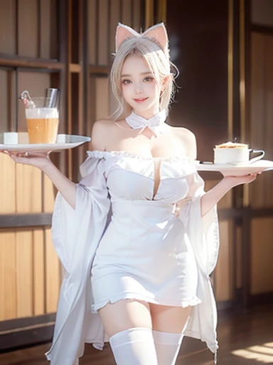 (best quality, masterpiece), (ultra high resolution, 8K RAW photo, photo realistics:1.5, textile shading, thin outline, clear focus:1.2), Beautuful Matured woman preparing tea-time in the garden, standing by the round table, (tea set, tea pot, tea cups, some Strawberry cakes on dish), classy art deco style table, wearing light_brown maid uniform, breast cleavage:1.2, maid costume:1.2, flare skirts, apron, bow ties on thechest, long tall sally, long legs, long silver brown hair, (wearing thin-flame glasses:1.2), (milf:1.5, 28 years old, solo), (medium breast, sagging breast, , narrow waist), (medium short white hair, hair over one eye, (updo hair:1.2), side lock, asymmetric hair, wavy hair), (bright pupils, detailed eyes, high detailed face, Perfect face shape, eye rush), (seductitve smiling, half-closing eyes), (with sparkling eyes and a contagious smile), (looking at viewers:1.3), (dynamic angle, full body, from below:1.2), ((correct anatomy:1.5, correct hands)), (ideal ratio of body proportions), (outdoor:1.2, grass field),
