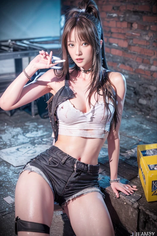  best quality，((dramatic:1.2))，((Original Photography:1.3))， night view，1 Stylish Woman , Behind the shabby top ，((Ripped shorts:1.2))， lots of liquid on your body， behind it is a dilapidated wall，crazy，drunk，4K Ultra HD,  masterpiece，  extreme realism  , one person， An 18 year old girl , Good face,  short messy hair  ,   shiny hair  ,   careful eyes  , Shiny, Blu-ray，Greasy， chest is J cup  , (Extremely firm ， stifling ，Bare waist：1.2),  ,    perfect body  , other,   and watch the audience