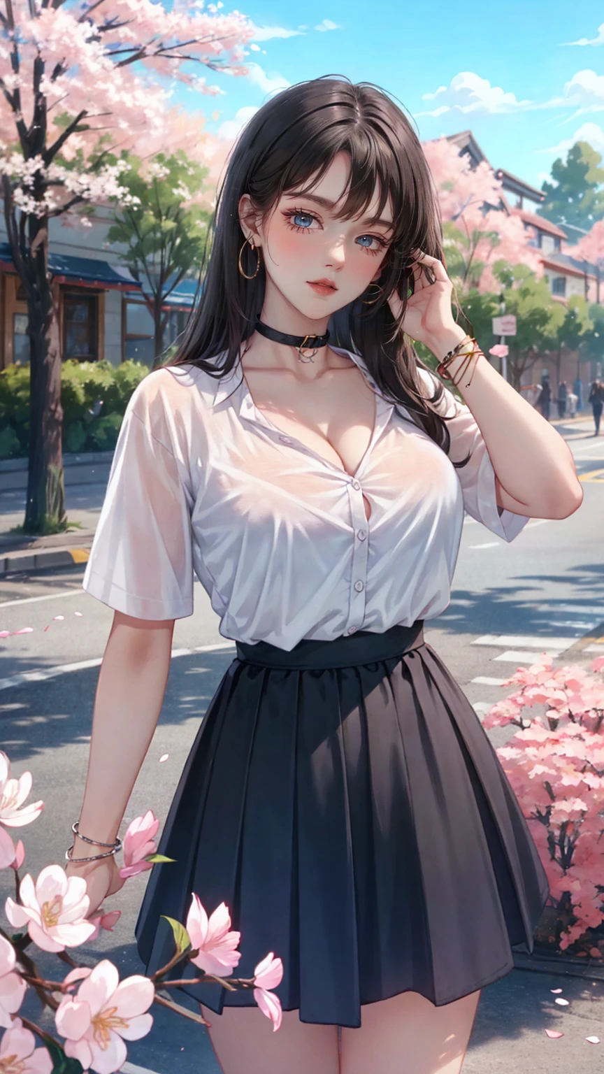 Masterpiece,  best quality , whole body, 1 person, bangs, black  choker , black  ties,  blondes, blue  skirt , ,  bracelet, Chest,  choker , clothes Surrounding Area waist, clavicle, collared  shirt,  cowboy shooting, dress  shirt, ear Earrings,  eyebrows visible through hair,  gradation hair , Green,  that improves white space ,  jewelry, Kogal,  long hair, View your viewers, loose  ties,  ties, Earrings,  check pattern ,  check pattern   skirt , pleated  skirt ,  red eyes, ring,  school uniform,  shirt,  skirt , smile, Alone, white  shirt, street, null,  cherry blossom, petal, woman,  vibrant,  costume, stop temporarily, Front ,  colorful , dynamic, background, element, Be confident,  performance,  holding,  statement ,  accessories, Majestic, Swirl, Surrounding Area, touch, , to attract attention, Impressive, 【Contemporary,  trendy fashion ,Shadowy Face　、 Beautiful Girls、とても cute天使、Pink T- shirt、 cute、*********、smile、ロング skirt 、 Black Long Boots 、.( best quality ,4K, high definition,Masterpiece:1.2), very detailed, realistic:1.37,
