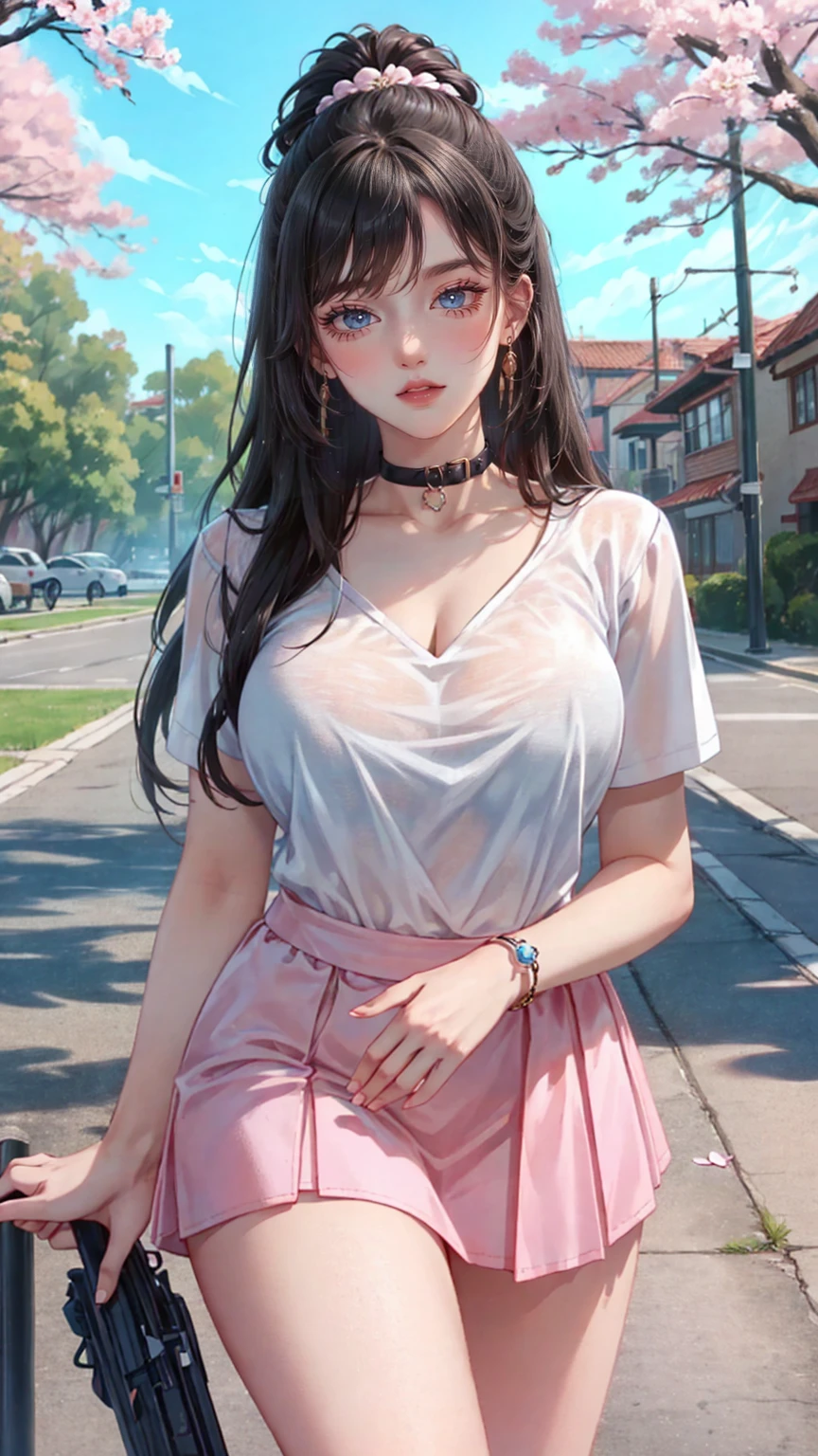 2.5D realistic anime, a (full body), young female hyperrealist, photorealistic, young female working class hero, workshirt, oversized, full body, beaty face, ((detailed face, eyes, nose, lips, blushing)), sunset behind unfinissed building constructions, (medium breast:0.8)