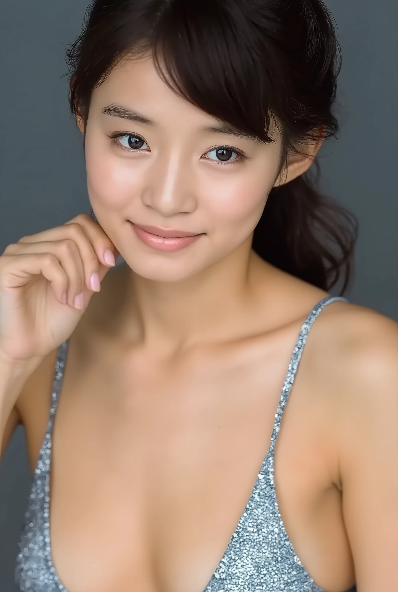 ((silver skinny bikini)) , look up above my collarbone 、 raise my throat and have a cute smile 、Teenage Girl、