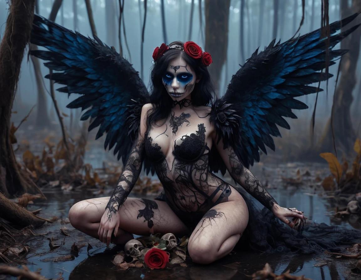 RAW photo of a sad female fallen angel with big broken black wings in a foggy swamp, black lace lingerie, squatting, looking at viewer, (skulls and roses on the ground), bright blue eyes, dystopic, highly detailed, (high detailed skin:1.2), vibrant colors, intricate, ultra hd, sharp focus, F4, film grain, Fujifilm XT3,