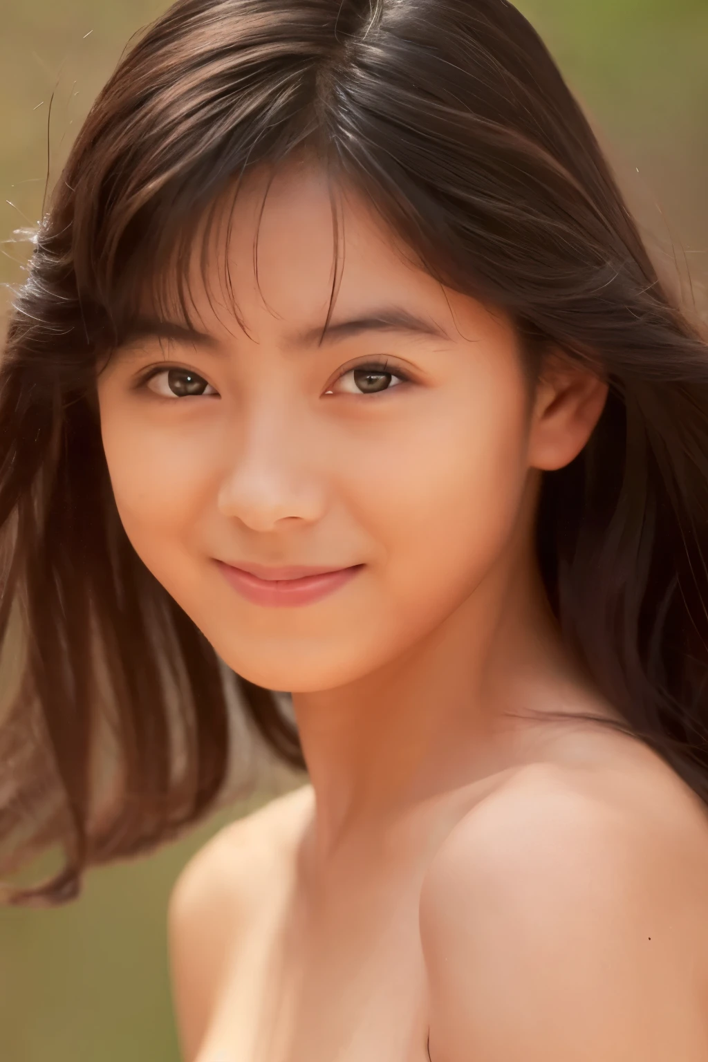 (nude), (( top quality, masterpiece:1.3,   ultra high definition )), ( Photorealistic :1.4, RAW shooting), Ultra-realistic capture, High definition,  high definition 16K for human skin ,  Wistful ,  skinny Japanese woman , ,  cute face,  detailed face ,   detailed eyes , (( Exact Anatomy)),  dark-haired, middle hair, hair blowing in the wind、 cheeks turn red、smile