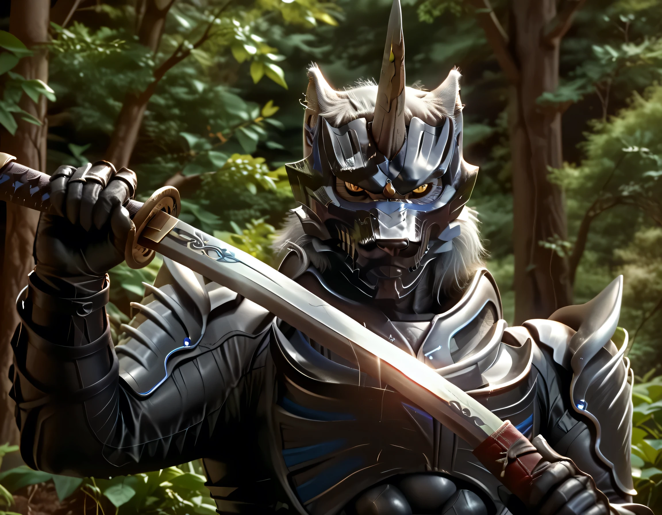 score_9, score_8_up, score_7_up, score_6_up, score_5_up, score_4_up, best quality, detailed face, rating_explicit, BREAK, furry male, (zen aku), power rangers wild force, evil, villain, demon, wolf, armor, wolf theme, single horn on head, wolf themed helmet, wolf themed mask, muscular, holding sword unsheathing,
