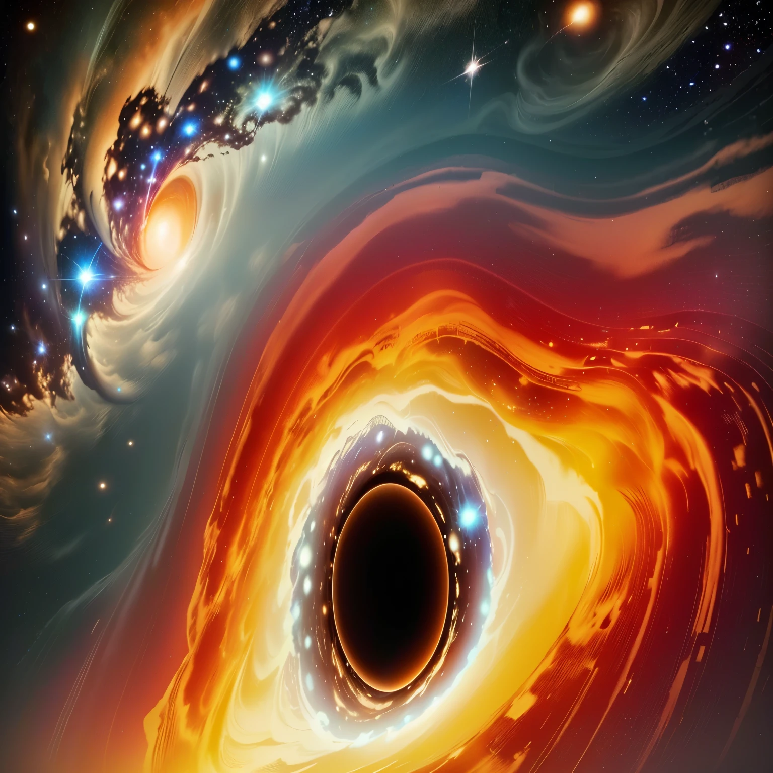 a  black hole in the center of a galaxy with stars, coming out of a  black hole,  black hole with accretion disс, inside of a  black hole,  black hole in space,  black holes,  black hole event horizon,  black hole,  black holeに吸い込まれている,  black hole time portal, interstellar  black hole,  black holeへの旅,中央には星間映画の巨大な black hole, Super High Definition, high definition , High Quality , plasma clouds 、gravitational radiation 、 swirling chaotic light 、 emits huge plasma jets vertically from the center 、