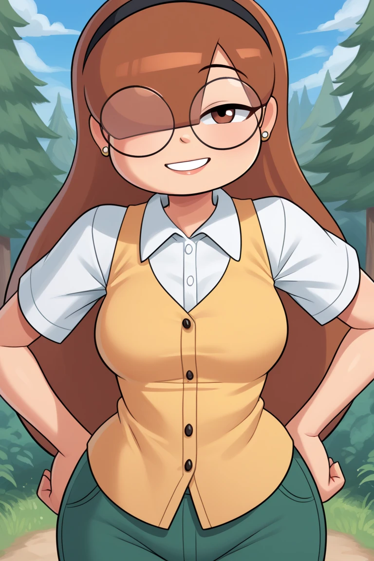 score_9, score_8_up, score_7_up, score_6_up, score_5_up, score_4_up, 1girl, solo, rating_explicit, source_cartoon, Emma_Donchibi_Style, red-brown hair, hair over eyes, blunt bangs, hands on hips 
black-framed eyewear, brown eyes, circular rim glasses, round eyewear, hair over one eye, long hair hairband, earrings, white shirt, collared shirt, yellow vest, short sleeves, green pants, perfectly round breasts, wide hips, 
beautiful, sexy, cute, medium breasts, looking at viewer, standing, outdoors, forest, blue sky, clouds, dynamic angle, smile, fca style, half body, eyebrows