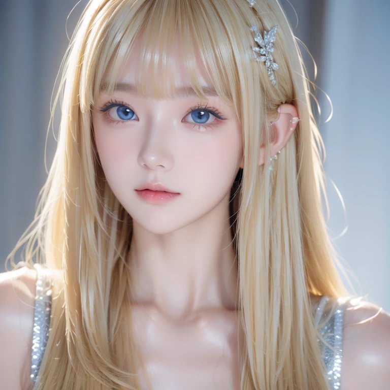  Blonde woman posing for a photo with super long Blonde and piercings, first time々Very young appearance 、 very white beautiful young glossy beautiful skin ､ Super long blonde Blonde 、 Hermosa Delphine ,  very white shiny skin,  shines so beautifully and her big, incredibly bright ice blue eyes、-yeld beiful girl 、Small Face Beauty、Round face、Short face、Super long hair, bangs, Blonde, bangs between the eyes,  touch very long hair ,  hair hiding one eye ,  shiny hair,  wind fluttering hair, Straight Hair, Disheveled Hair, Super long hair, Hair in the eyes, Too much hair,目とbangs between the eyes、Big breasts