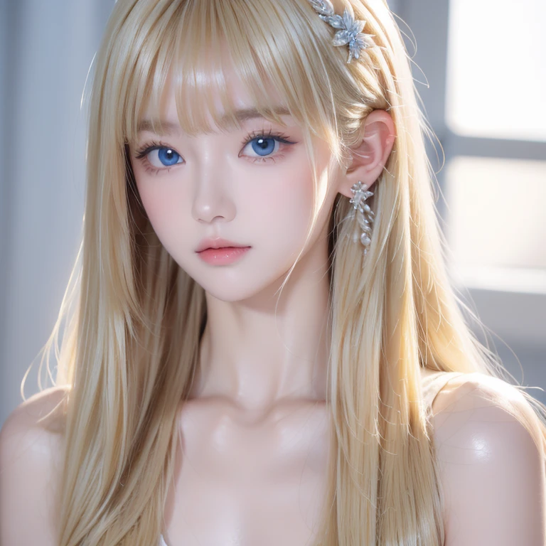  Blonde woman posing for a photo with super long Blonde and piercings, first time々Very young appearance 、 very white beautiful young glossy beautiful skin ､ Super long blonde Blonde 、 Hermosa Delphine ,  very white shiny skin,  shines so beautifully and her big, incredibly bright ice blue eyes、-yeld beiful girl 、Small Face Beauty、Round face、Short face、Super long hair, bangs, Blonde, bangs between the eyes,  touch very long hair ,  hair hiding one eye ,  shiny hair,  wind fluttering hair, Straight Hair, Disheveled Hair, Super long hair, Hair in the eyes, Too much hair,目とbangs between the eyes、Big breasts