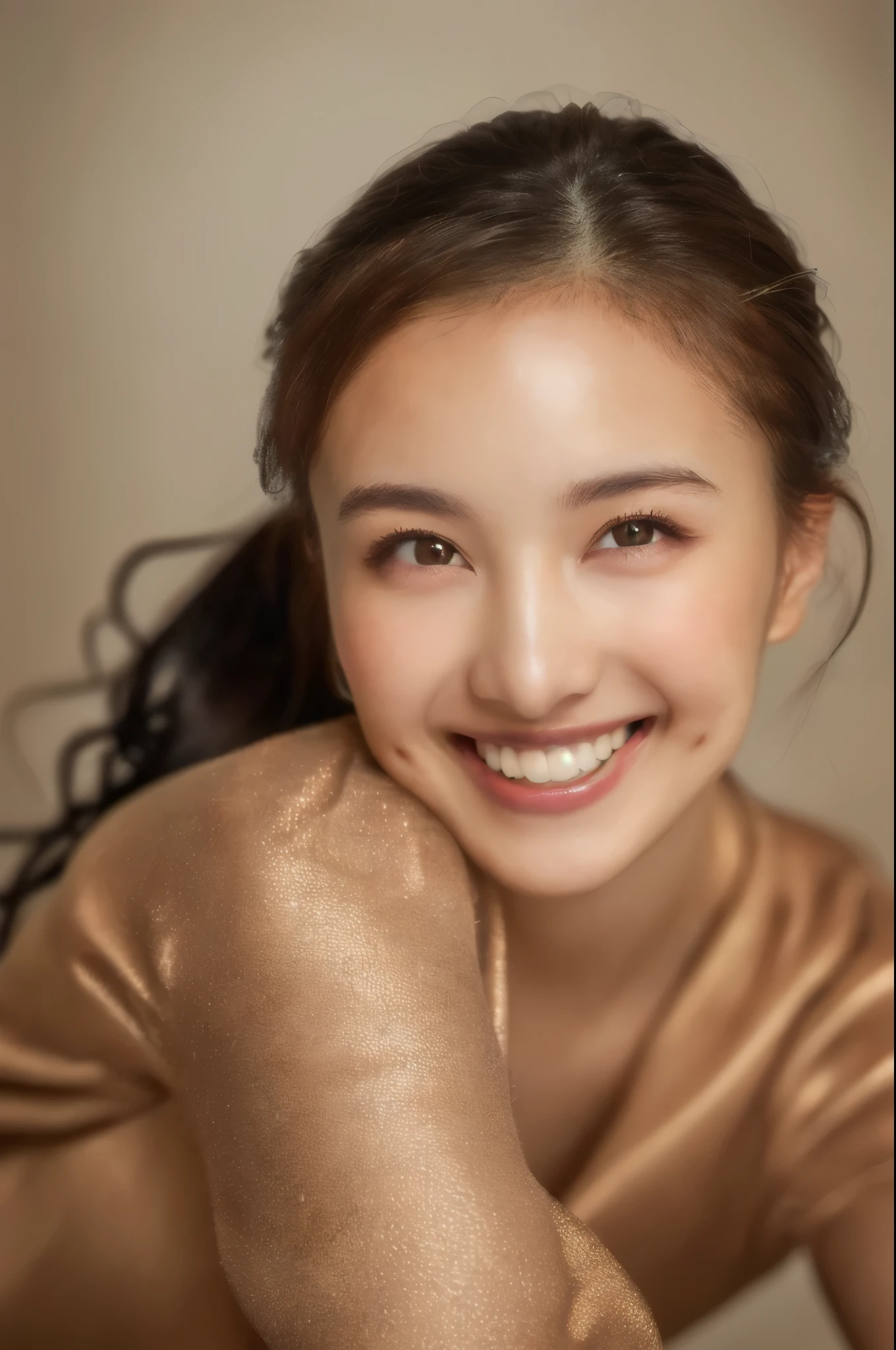 (masterpiece, top quality, The beautiful quality of 18 year old , Photorealistic , detailed lighting , Extremely detailed skin, Extremely Detailed Hair , Shadow, 8k, women naked, black hair, upper body, One Girl , smile, brown hair, Ponytail, teeth, Watch Viewers , Dimples, Dimpless on cheeks, fc portrait:1.2), underwear